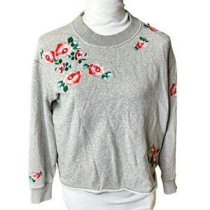 MADEWELL Mile(s) Embroidered Cutoff Sweatshirt Small Gray Floral Oversized